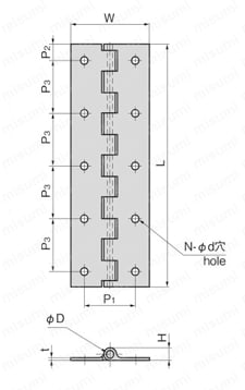 押出平型蝶番（B-204・アルミニウム製） 外形図1