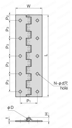 押出平型蝶番（B-206・アルミウム製） 外形図