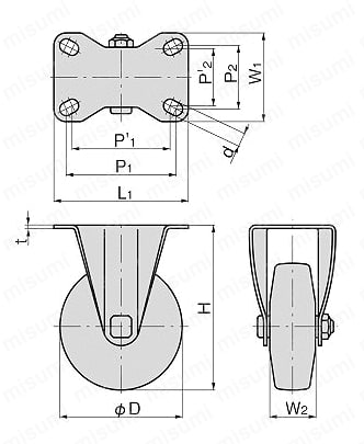 グレー車輪固定キャスターストッパーなし K-612K 外形図01