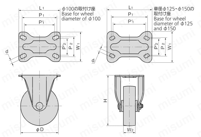 ステンレス固定キャスターストッパーなし K-1320SR 外形図
