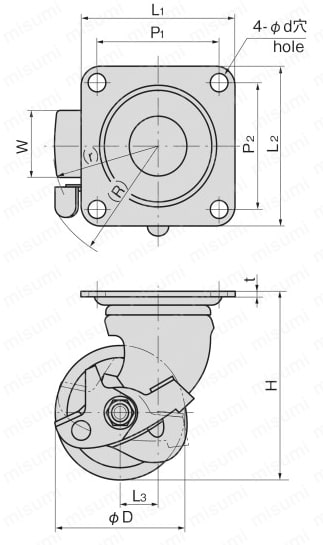 重量用自在キャスターストッパー付 K-100HBS-PA 外形図