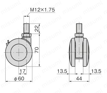 ねじ足双輪キャスターストッパー付 K-200GNS 外形図