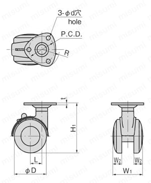 双輪自在キャスターストッパーなし K-200MY 外形図