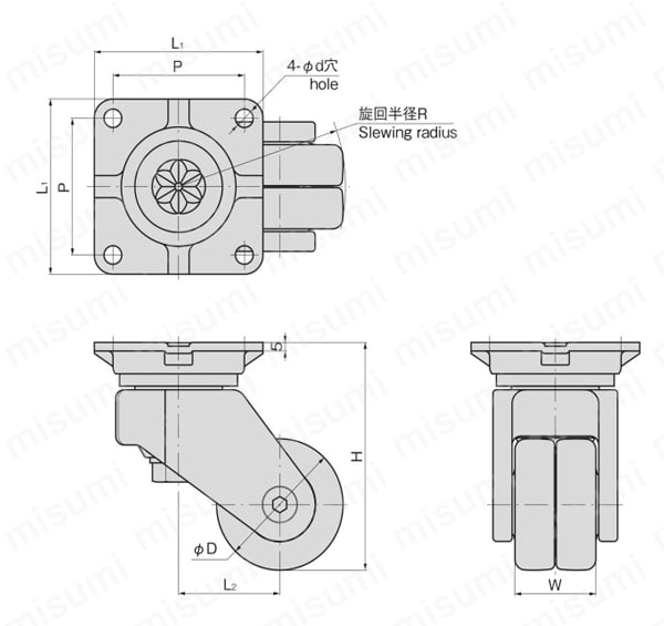 超重量用双輪自在キャスターストッパーなし K-100X 外形図