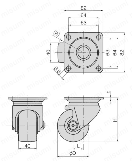 低床式重荷重用自在キャスターストッパーなし K-540S 外形図