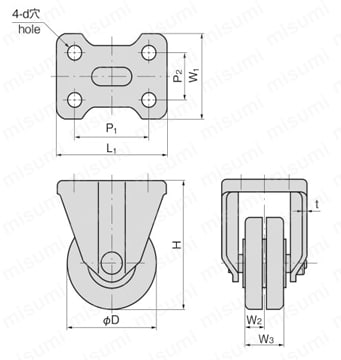 低床重荷重用固定キャスターストッパーなし（双輪タイプ） K-558-W 外形図