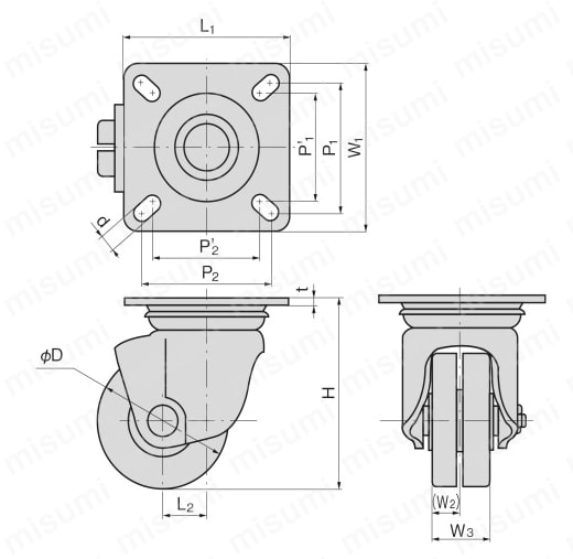 低床重荷重用自在キャスターストッパーなし（双輪タイプ） K-508-W 外形図