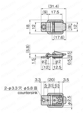 ステンレスフックパチン錠 C-1075 外形図
