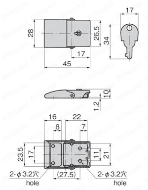 ステンレス角型パチン錠 C-1084 外形図