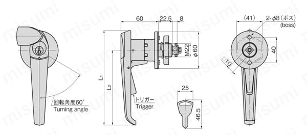 ステンレストリガー付防水ハンドル KA-1140-W 外形図