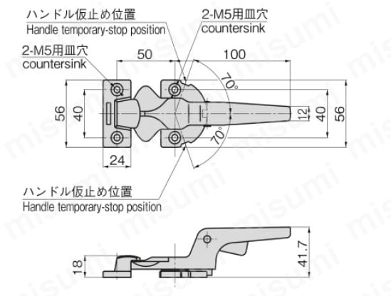 ステンレストリガー付密閉ハンドル FA-1110-W 外形図