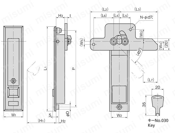 ステンレス押ボタン付平面ハンドル A-1260 外形図