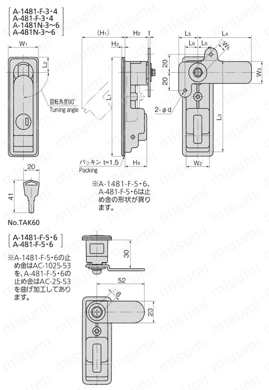 強制押出し機構付防水フラットハンドル A-481-F タキゲン製造 MISUMI(ミスミ)
