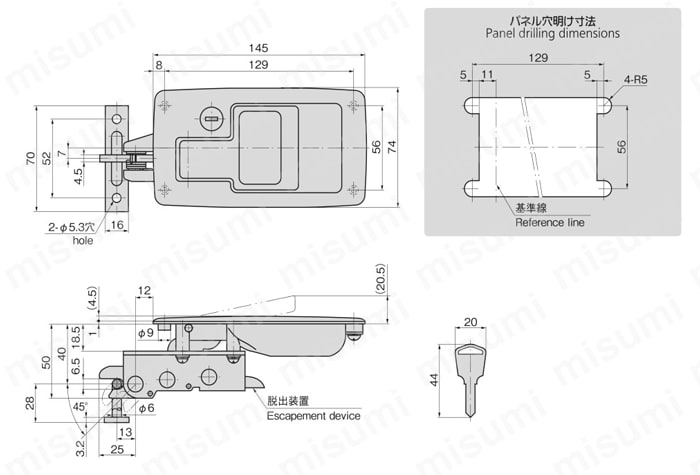 スナッチロック平面ハンドル（耐振用） A-154-N-B 外形図