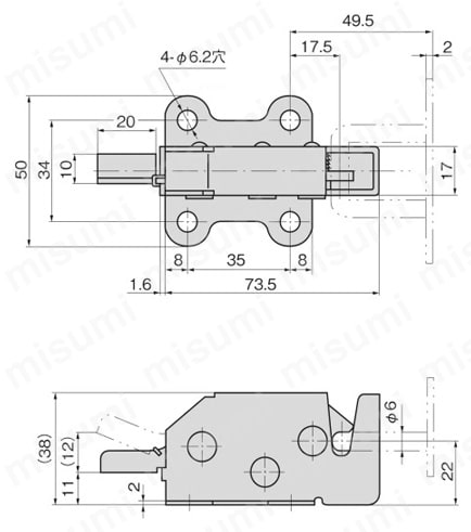 引戸用スナッチロック（C-1450・ステンレス製） C-1450-2外形図