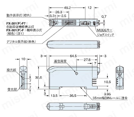 リーク/リキッドファイバ専用デジタルファイバセンサ (FX-301-F7/FX-301-F) 外形寸法図