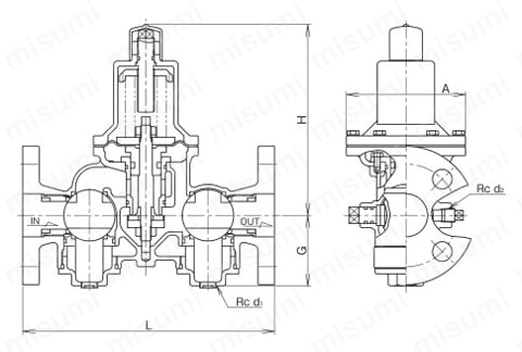 RDB-33FN型 バイパス付減圧弁（水・温水用） 平静 外形図