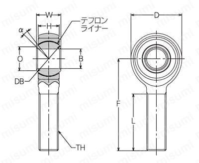 ロッドエンドベアリング 右おねじ ふっ素樹脂タイプ 3ピース HRT-E 外形図