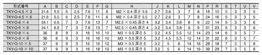 バーブ継手付超小形シリンダ TKYシリーズ バーブ継手付/単動押出し TKY-O規格表
