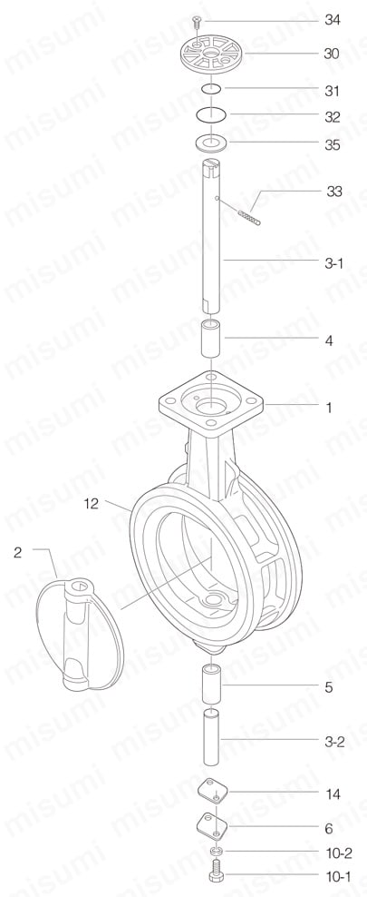 中心型高圧用バルブ 731P/732X/731X（ウォームギヤ式） 弁本体分解構造図