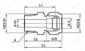 黄銅製 2圧縮リング型式 パワフルロック （ハーフユニオン） 外形図