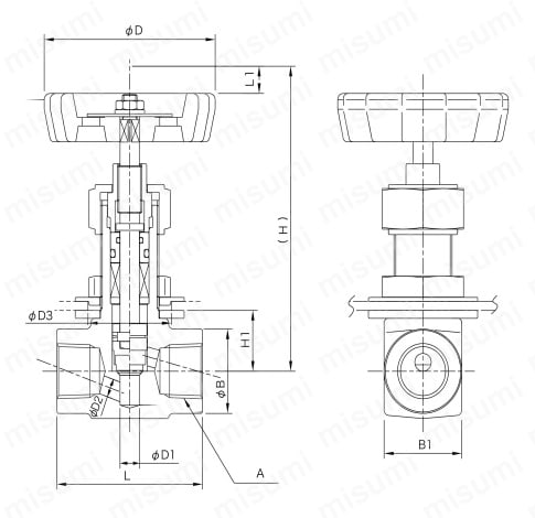 ステンレス鋼製 24.8MPa 外ねじ式パネルマウント形 Rcねじ込み式 ディスク ストップバルブ 外形図01
