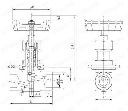 ステンレス鋼製 24.8MPa 外ねじ式パネルマウント形 ソケットウェルド式 ディスク ストップバルブ 外形図