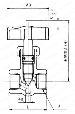黄銅製 0.98MPa ネジ込み式 ニードルストップバルブ 外形図