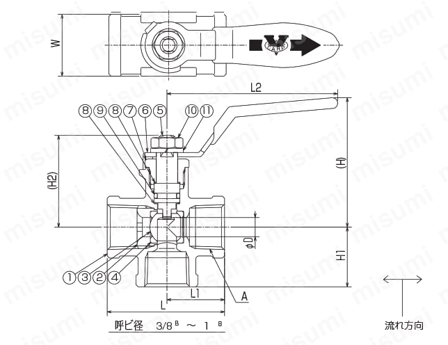 黄銅鍛造製 1.96MPa 3方BALL VALVES 外形図1