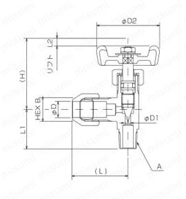 計装用ミニチュアバルブ アングルハーフ型 外形図