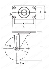 静クッション製キャスター 420BBE・413BBE・420BER 車輪径100・125mm 420BBE外形図