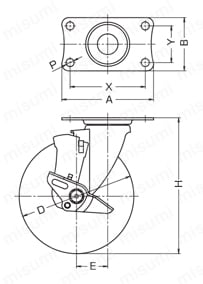 静クッション製キャスター 420BBE・413BBE・420BER 車輪径100・125mm 413BBE外形図