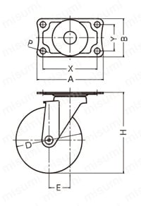 軽量ハイスペックキャスター 460S・453S・460E 車輪径75・100mm 460E外形図