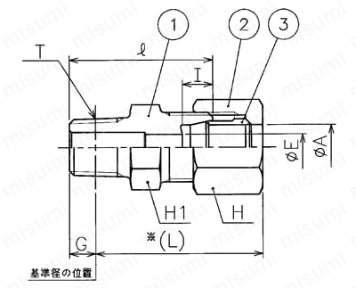 B形銅管用くい込み継手 コネクタ（おす） 外形図01