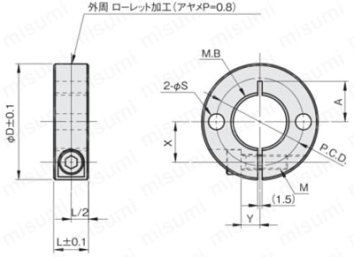 スタンダードスリットカラー 内径ネジ（シリンダー用） 外形図