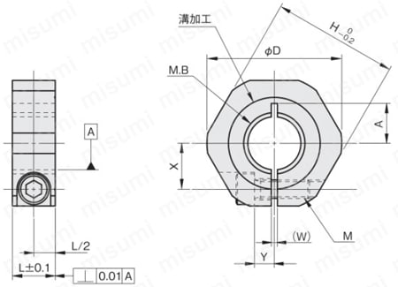 スタンダードスリットカラー 六角内径ネジ（細目） 外形図