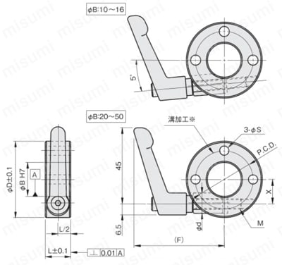 クサビカラー 3穴 クランプレバー付 外形図