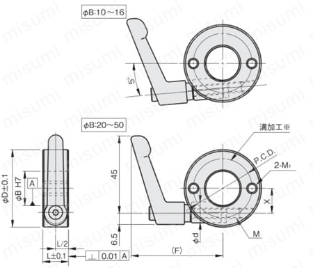 クサビカラー 2ネジ穴 クランプレバー付 外形図