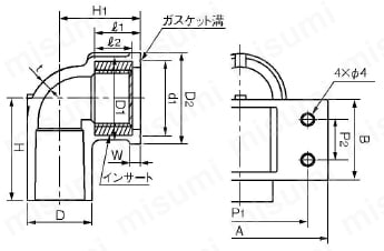 給水用配管資材 エスロン継手＜HI-TS・ゴールド/TS/HI透明ブルー＞ インサート座付き給水栓エルボ 外形図