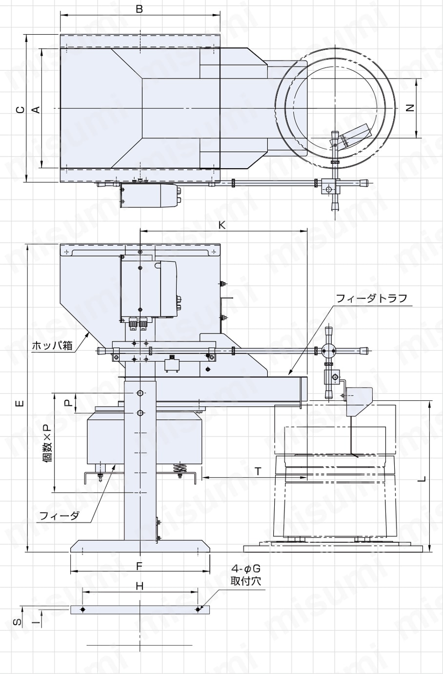 パーツフィーダ付属品（ホッパ）フィーダ式ホッパ HPFシリーズ 外形図