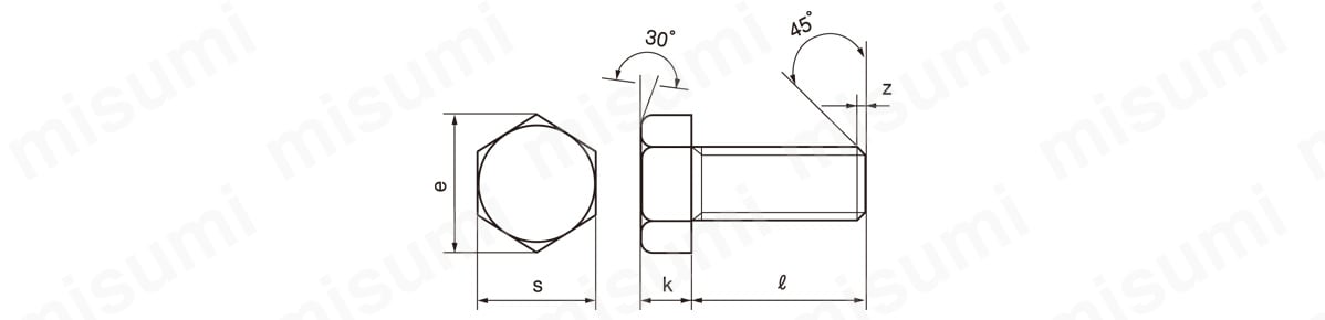 小形六角ボルト 全ねじ B=14 細目P=1.0の外形図