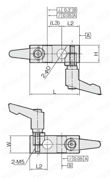 センサブラケット フレキシブル アルミ/XYジョイント クサビXYジョイント クランプレバー付（丸シャフト/角シャフト用） φ10、12、16外形図