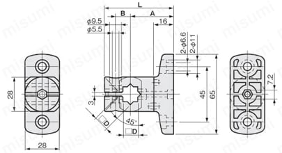 センサブラケット フレキシブル 樹脂/取付ベース 取付ベースT（丸シャフト/角シャフト用） 外形図2