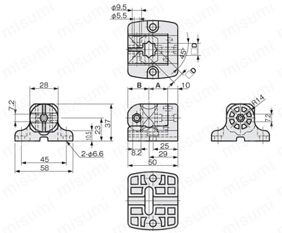 センサブラケット フレキシブル 樹脂/取付ベース 取付ベースS（丸シャフト/角シャフト用） 外形図2