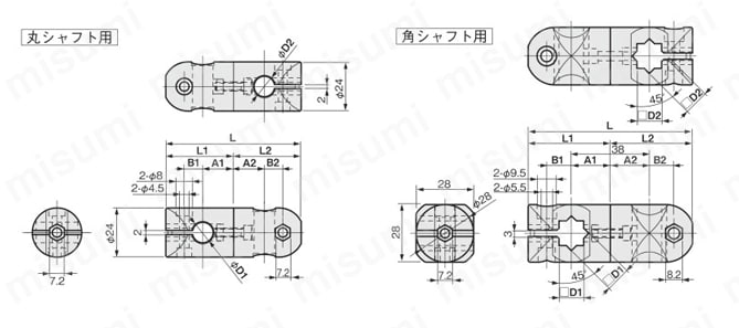 センサブラケット フレキシブル 樹脂/XYジョイント XYフリージョイント（丸シャフト/角シャフト用） 外形図