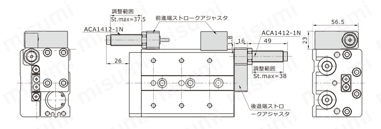 スライドユニット（リバーシブル） HLSシリーズ HLS25（ショックアブソーバ付）外形図