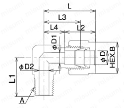 F900継手 FINELOK・PURE （Rネジ エルボハーフユニオン） 外形図