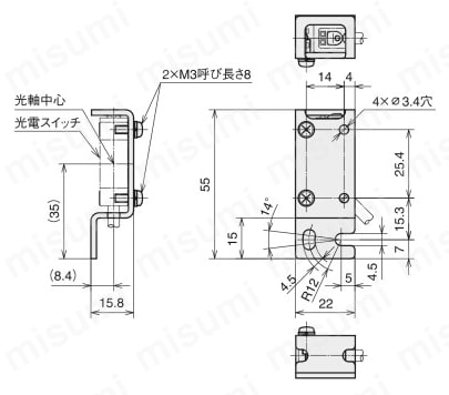 HP7用ヨコ取付けカバーブラケット 外形図