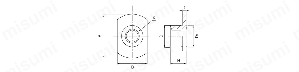 T型溶接ナット（2A）（パイロット付ダボ無）【1～700個入り】　外形図