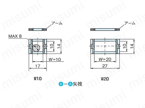 TKP13H10 開閉タイプ（W10、W20）の断面寸法図